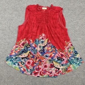 Deletta Blouse Womens Small Red Floral Tunic High Neck Ruffle Lined Pleated